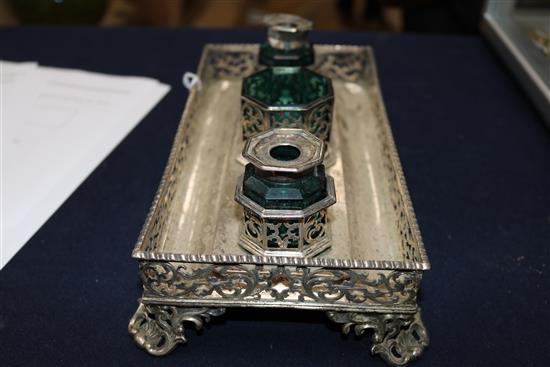 An early Victorian pierced silver inkstand by John Edward Terry, London, 1842, 15.3 oz.